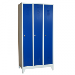 Stahl-Kleiderspind - blaue Türen - 30 cm Abteilbreite - Gesamt 90 cm breit - 3 Abteile  - Zylinderschloss mit 2 Schlüssel - mit Füssen - Lieferzeit ca. 2-3 Wochen !